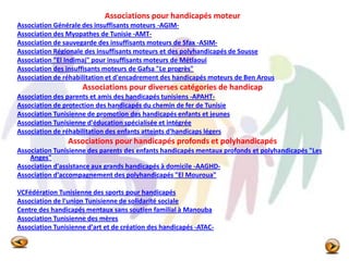 Associations pour handicapés moteur
Association Générale des insuffisants moteurs -AGIM-
Association des Myopathes de Tunisie -AMT-
Association de sauvegarde des insuffisants moteurs de Sfax -ASIM-
Association Régionale des insuffisants moteurs et des polyhandicapés de Sousse
Association "El Indimaj" pour insuffisants moteurs de Métlaoui
Association des insuffisants moteurs de Gafsa "Le progrès"
Association de réhabilitation et d'encadrement des handicapés moteurs de Ben Arous
Associations pour diverses catégories de handicap
Association des parents et amis des handicapés tunisiens -APAHT-
Association de protection des handicapés du chemin de fer de Tunisie
Association Tunisienne de promotion des handicapés enfants et jeunes
Association Tunisienne d'éducation spécialisée et intégrée
Association de réhabilitation des enfants atteints d'handicaps légers
Associations pour handicapés profonds et polyhandicapés
Association Tunisienne des parents des enfants handicapés mentaux profonds et polyhandicapés "Les
Anges"
Association d'assistance aux grands handicapés à domicile -AAGHD-
Association d'accompagnement des polyhandicapés "El Mouroua"
VCFédération Tunisienne des sports pour handicapés
Association de l'union Tunisienne de solidarité sociale
Centre des handicapés mentaux sans soutien familial à Manouba
Association Tunisienne des mères
Association Tunisienne d'art et de création des handicapés -ATAC-
 