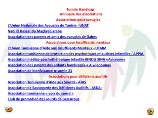Tunisie Handicap
Annuaire des associations
Associations pour aveugles
L'Union Nationale des Aveugles de Tunisie - UNAT
Nadi El Bassar du Maghreb arabe
Association des parents et amis des aveugles de Gabès
Associations pour insuffisants mentaux
L'Union Tunisienne d'Aide aux Insuffisants Mentaux - UTAIM
Association tunisienne de protection des psychotiques et autistes infantiles - APPAI-
Association médico-psychothérapique infantile IBNOU SINA «Avicenne»
Association des parents des enfants handicapés « A wladouna»
Association de bienfaisance trisomie 21
Associations pour déficients auditifs
Association Tunisienne d'Aide aux Sourds - ATAS
Association de Sauvegarde des Déficients Auditifs - ASDA-
Association tunisienne « voix du sourd »
Club de promotion des sourds de Ben Arous
 