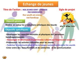 -Développer les capacités mentales et physiques des personnes
handicapée(sourds).
- Encourager et développer le patrimoine culturel par l’expression corporel.
-Promouvoir les activités culturelles pour les sourds
- Favoriser la communication et les échanges socioculturels entre les sourds
-Créer entre des liens d’amitiés et de solidarités et de communication
Titre de l’action : Sigle de projet
Echange de jeunes
Objectifs général :
Objectifs spécifiques :
Mettre en valeur les productions artistiques des Sourds
 