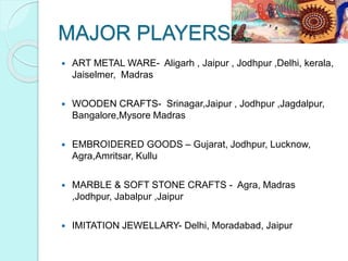 MAJOR PLAYERS
 ART METAL WARE- Aligarh , Jaipur , Jodhpur ,Delhi, kerala,
Jaiselmer, Madras
 WOODEN CRAFTS- Srinagar,Jaipur , Jodhpur ,Jagdalpur,
Bangalore,Mysore Madras
 EMBROIDERED GOODS – Gujarat, Jodhpur, Lucknow,
Agra,Amritsar, Kullu
 MARBLE & SOFT STONE CRAFTS - Agra, Madras
,Jodhpur, Jabalpur ,Jaipur
 IMITATION JEWELLARY- Delhi, Moradabad, Jaipur
 