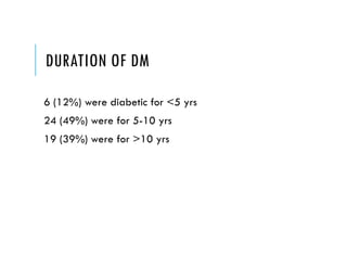 DURATION OF DM
6 (12%) were diabetic for <5 yrs
24 (49%) were for 5-10 yrs
19 (39%) were for >10 yrs
 