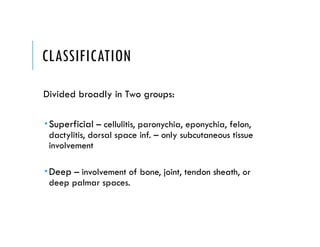 CLASSIFICATION
Divided broadly in Two groups:
Superficial – cellulitis, paronychia, eponychia, felon,
dactylitis, dorsal space inf. – only subcutaneous tissue
involvement
Deep – involvement of bone, joint, tendon sheath, or
deep palmar spaces.
 