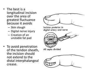 • The best is a 
longitudinal incision 
over the area of 
greatest fluctuance 
because it avoids 
– Skin slough 
– Digital nerve injury 
– Creation of an 
unstable fat pad 
• To avoid penetration 
of the tendon sheath, 
the incision should 
not extend to the 
distal interphalangeal 
crease. 
 