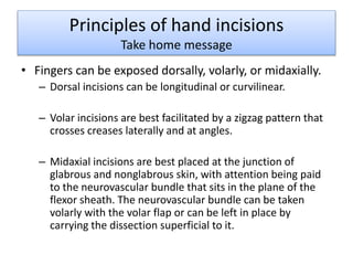 Principles of hand incisions 
Take home message 
• Fingers can be exposed dorsally, volarly, or midaxially. 
– Dorsal incisions can be longitudinal or curvilinear. 
– Volar incisions are best facilitated by a zigzag pattern that 
crosses creases laterally and at angles. 
– Midaxial incisions are best placed at the junction of 
glabrous and nonglabrous skin, with attention being paid 
to the neurovascular bundle that sits in the plane of the 
flexor sheath. The neurovascular bundle can be taken 
volarly with the volar flap or can be left in place by 
carrying the dissection superficial to it. 
 
