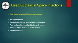 Deep Subfascial Space Infections
 Web Space Abscess (Collar-Button Abscess)
 Hourglass shape
 Cause-fissure in the skin between the fingers
 Pain and swelling localized to the web space
 Swelling either palmar or dorsal aspect
 Finger abduction
 