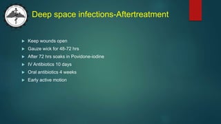 Deep space infections-Aftertreatment
 Keep wounds open
 Gauze wick for 48-72 hrs
 After 72 hrs soaks in Povidone-iodine
 IV Antibiotics 10 days
 Oral antibiotics 4 weeks
 Early active motion
 