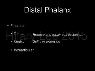 Distal Phalanx
• Fractures
• Tuft
• Shaft
• Intraarticular
Reduce and repair soft tissues prn
Splint in extension
Hilary Lee 2015
 