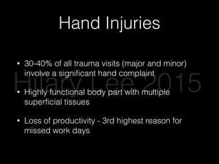 Hand Injuries
• 30-40% of all trauma visits (major and minor)
involve a signiﬁcant hand complaint
• Highly functional body part with multiple
superﬁcial tissues
• Loss of productivity - 3rd highest reason for
missed work days
Hilary Lee 2015
 