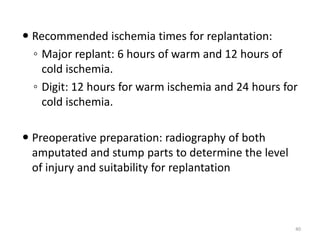  Recommended ischemia times for replantation:
◦ Major replant: 6 hours of warm and 12 hours of
cold ischemia.
◦ Digit: 12 hours for warm ischemia and 24 hours for
cold ischemia.
 Preoperative preparation: radiography of both
amputated and stump parts to determine the level
of injury and suitability for replantation
40
 
