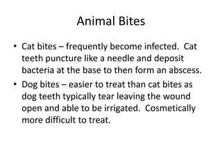 Animal Bites
• Cat bites – frequently become infected. Cat
teeth puncture like a needle and deposit
bacteria at the base to then form an abscess.
• Dog bites – easier to treat than cat bites as
dog teeth typically tear leaving the wound
open and able to be irrigated. Cosmetically
more difficult to treat.
 
