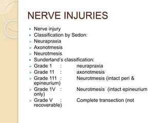 NERVE INJURIES
 Nerve injury
 Classification by Sedon:
 Neurapraxia
 Axonotmesis
 Neurotmesis
 Sunderland’s classification:
 Grade 1 : neurapraxia
 Grade 11 : axonotmesis
 Grade 111 : Neurotmesis (intact peri &
epineurium)
 Grade 1V : Neurotmesis (intact epineurium
only)
 Grade V : Complete transection (not
recoverable)
 