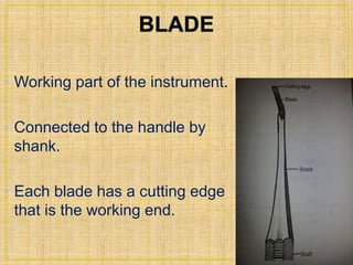 • Working part of the instrument. 
• Connected to the handle by 
shank. 
• Each blade has a cutting edge 
that is the working end. 
 