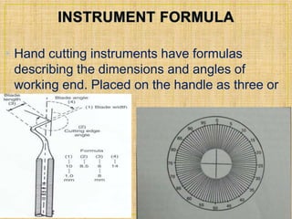 • Hand cutting instruments have formulas 
describing the dimensions and angles of 
working end. Placed on the handle as three or 
four figures. 
 