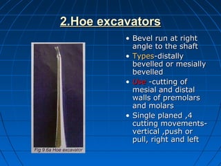 2.Hoe excavators2.Hoe excavators
• Bevel run at rightBevel run at right
angle to the shaftangle to the shaft
• TypesTypes-distally-distally
bevelled or mesiallybevelled or mesially
bevelledbevelled
• UseUse -cutting of-cutting of
mesial and distalmesial and distal
walls of premolarswalls of premolars
and molarsand molars
• Single planed ,4Single planed ,4
cutting movements-cutting movements-
vertical ,push orvertical ,push or
pull, right and leftpull, right and left
 