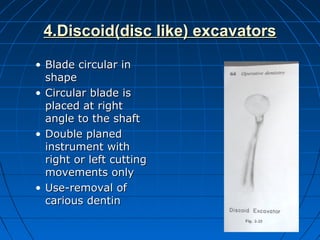 4.Discoid(disc like) excavators4.Discoid(disc like) excavators
• Blade circular inBlade circular in
shapeshape
• Circular blade isCircular blade is
placed at rightplaced at right
angle to the shaftangle to the shaft
• Double planedDouble planed
instrument withinstrument with
right or left cuttingright or left cutting
movements onlymovements only
• Use-removal ofUse-removal of
carious dentincarious dentin
 