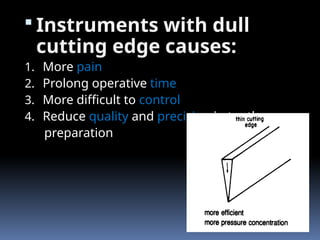  Instruments with dull
cutting edge causes:
1. More pain
2. Prolong operative time
3. More difficult to control
4. Reduce quality and precision in tooth
preparation
 
