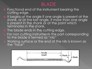  Functional end of the instrument bearing the
cutting edge.
 It begins at the angle if one angle is present at the
shank, or at the last angle, if more than one angle
is present in the shank or at the point which
terminates in the shank.
 The blade ends in the cutting edge.
 For non cutting instruments the part corresponding
to the blade is termed as “nib”
 Working surface or the end of the nib is known as
the “face”
 