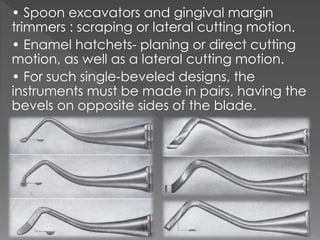 • Spoon excavators and gingival margin
trimmers : scraping or lateral cutting motion.
• Enamel hatchets- planing or direct cutting
motion, as well as a lateral cutting motion.
• For such single-beveled designs, the
instruments must be made in pairs, having the
bevels on opposite sides of the blade.
 