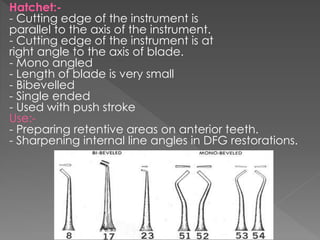 Hatchet:-
- Cutting edge of the instrument is
parallel to the axis of the instrument.
- Cutting edge of the instrument is at
right angle to the axis of blade.
- Mono angled
- Length of blade is very small
- Bibevelled
- Single ended
- Used with push stroke
Use:-
- Preparing retentive areas on anterior teeth.
- Sharpening internal line angles in DFG restorations.
 