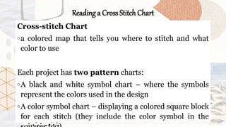 Reading a Cross Stitch Chart
Cross-stitch Chart
◦a colored map that tells you where to stitch and what
color to use
Each project has two pattern charts:
◦A black and white symbol chart – where the symbols
represent the colors used in the design
◦A color symbol chart – displaying a colored square block
for each stitch (they include the color symbol in the
 