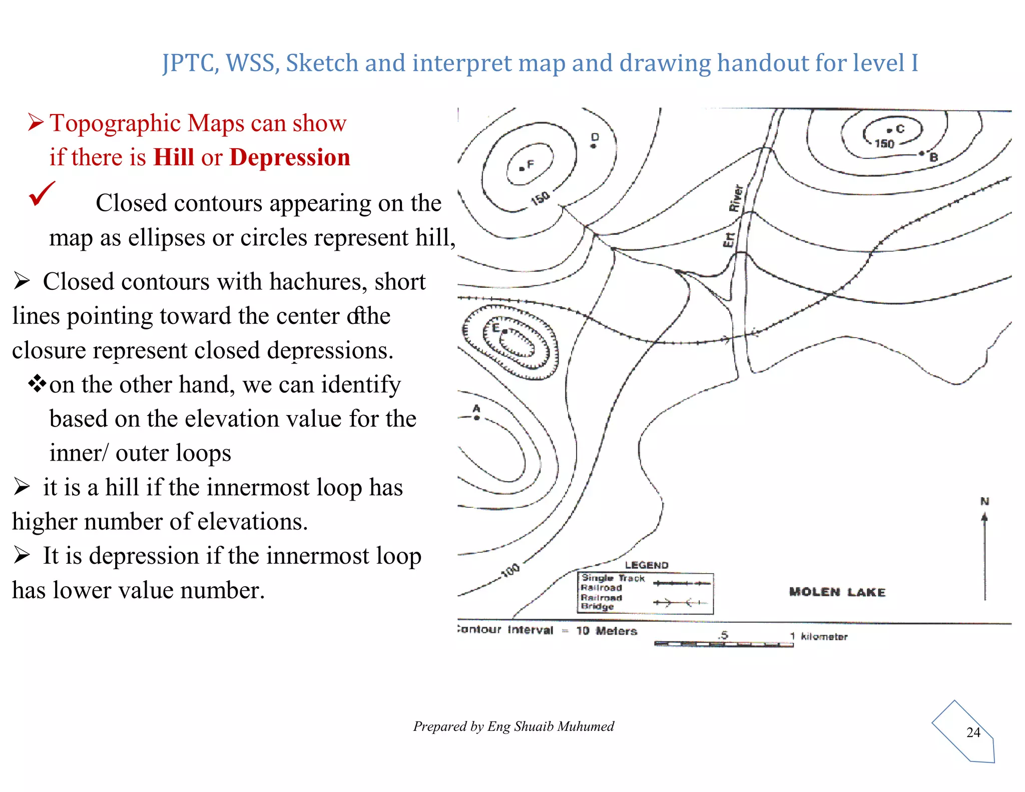 JPTC, WSS, Sketch and interpret map and drawing handout for level I
Prepared by Eng Shuaib Muhumed 24
Topographic Maps can show
if there is Hill or Depression
 Closed contours appearing on the
map as ellipses or circles represent hill,
 Closed contours with hachures, short
lines pointing toward the center o
fthe
closure represent closed depressions.
on the other hand, we can identify
based on the elevation value for the
inner/ outer loops
 it is a hill if the innermost loop has
higher number of elevations.
 It is depression if the innermost loop
has lower value number.
 