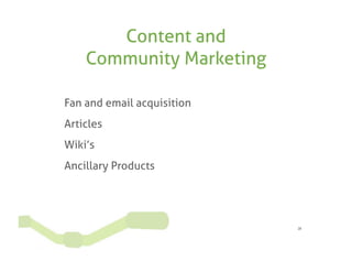 Content and
    Community Marketing

Fan and email acquisition
Articles
Wiki’s
Ancillary Products




                            28
 