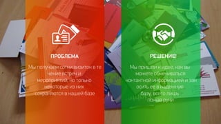 ПРОБЛЕМА РЕШЕНИЕ! 
Мы получаем сотни визиток в те 
чение встреч и 
мероприятий, но только 
некоторые из них 
сохраняются в нашей базе 
Мы пришли к идее, как вы 
можете обмениваться 
контактной информацией и зан 
осить ее в надежную 
базу, всего лишь 
пожав руки 
 