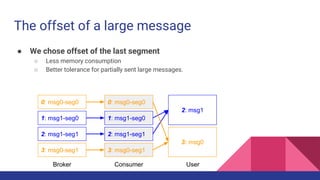 The offset of a large message
● We chose offset of the last segment
○ Less memory consumption
○ Better tolerance for partially sent large messages.
0: msg0-seg0
1: msg1-seg0
2: msg1-seg1
3: msg0-seg1
Broker
0: msg0-seg0
1: msg1-seg0
2: msg1-seg1
Consumer
2: msg1
3: msg0-seg1
3: msg0
User
 