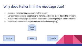 Why does Kafka limit the message size?
● Increase the memory pressure in the broker
● Large messages are expensive to handle and could slow down the brokers.
● A reasonable message size limit can handle vast majority of the use cases.
● Good workarounds exist (Reference Based Messaging)
KafkaProducer
Data
Store
Consumer
 
