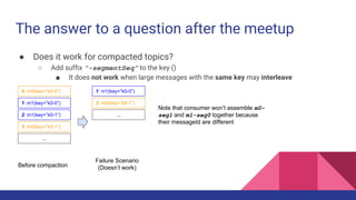The answer to a question after the meetup
● Does it work for compacted topics?
○ Add suffix “-segmentSeq” to the key ()
■ It does not work when large messages with the same key may interleave
0: m0(key=”k0-0”)
1: m1(key=”k0-0”)
2: m1(key=”k0-1”)
3: m0(key=”k0-1”)
...
Before compaction
1: m1(key=”k0-0”)
3: m0(key=”k0-1”)
...
Failure Scenario
(Doesn’t work)
Note that consumer won’t assemble m0-
seg1 and m1-seg0 together because
their messageId are different
 