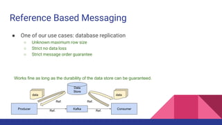 Reference Based Messaging
● One of our use cases: database replication
○ Unknown maximum row size
○ Strict no data loss
○ Strict message order guarantee
KafkaProducer
Data
Store
Consumer
data
Ref.
Ref. Ref.
data
Ref.
Works fine as long as the durability of the data store can be guaranteed.
 