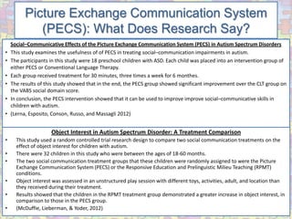 Picture Exchange Communication System
             (PECS): What Does Research Say?
    Social–Communicative Effects of the Picture Exchange Communication System (PECS) in Autism Spectrum Disorders
•   This study examines the usefulness of of PECS in treating social–communication impairments in autism.
•   The participants in this study were 18 preschool children with ASD. Each child was placed into an intervention group of
    either PECS or Conventional Language Therapy.
•   Each group received treatment for 30 minutes, three times a week for 6 monthes.
•   The results of this study showed that in the end, the PECS group showed significant improvement over the CLT group on
    the VABS social domain score.
•   In conclusion, the PECS intervention showed that it can be used to improve improve social–communicative skills in
    children with autism.
•   (Lerna, Esposito, Conson, Russo, and Massagli 2012)


                     Object Interest in Autism Spectrum Disorder: A Treatment Comparison
•     This study used a random controlled trial research design to compare two social communication treatments on the
      effect of object interest for children with autism.
•     There were 32 children in this study who were between the ages of 18-60 months.
•     The two social communication treatment groups that these children were randomly assigned to were the Picture
      Exchange Communication System (PECS) or the Responsive Education and Prelinguistic Milieu Teaching (RPMT)
      conditions.
•     Object interest was assessed in an unstructured play session with different toys, activities, adult, and location than
      they received during their treatment.
•     Results showed that the children in the RPMT treatment group demonstrated a greater increase in object interest, in
      comparison to those in the PECS group.
•     (McDuffie, Lieberman, & Yoder, 2012)
 