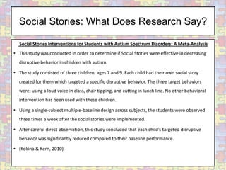 Social Stories: What Does Research Say?

  Social Stories Interventions for Students with Autism Spectrum Disorders: A Meta-Analysis
• This study was conducted in order to determine if Social Stories were effective in decreasing
  disruptive behavior in children with autism.

• The study consisted of three children, ages 7 and 9. Each child had their own social story
  created for them which targeted a specific disruptive behavior. The three target behaviors
  were: using a loud voice in class, chair tipping, and cutting in lunch line. No other behavioral
  intervention has been used with these children.

• Using a single-subject multiple-baseline design across subjects, the students were observed
  three times a week after the social stories were implemented.

• After careful direct observation, this study concluded that each child’s targeted disruptive
  behavior was significantly reduced compared to their baseline performance.

• (Kokina & Kern, 2010)
 