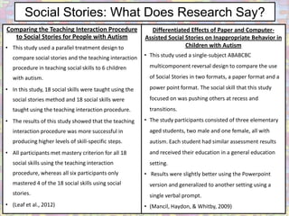 Social Stories: What Does Research Say?
Comparing the Teaching Interaction Procedure                Differentiated Effects of Paper and Computer-
  to Social Stories for People with Autism                Assisted Social Stories on Inappropriate Behavior in
• This study used a parallel treatment design to                          Children with Autism
   compare social stories and the teaching interaction    • This study used a single-subject ABABCBC

   procedure in teaching social skills to 6 children        multicomponent reversal design to compare the use

   with autism.                                             of Social Stories in two formats, a paper format and a

• In this study, 18 social skills were taught using the     power point format. The social skill that this study

   social stories method and 18 social skills were          focused on was pushing others at recess and
   taught using the teaching interaction procedure.         transitions.

• The results of this study showed that the teaching      • The study participants consisted of three elementary
   interaction procedure was more successful in             aged students, two male and one female, all with
   producing higher levels of skill-specific steps.         autism. Each student had similar assessment results
• All participants met mastery criterion for all 18         and received their education in a general education
   social skills using the teaching interaction             setting.
   procedure, whereas all six participants only           • Results were slightly better using the Powerpoint
   mastered 4 of the 18 social skills using social          version and generalized to another setting using a
   stories.                                                 single verbal prompt.
• (Leaf et al., 2012)                                     • (Mancil, Haydon, & Whitby, 2009)
 