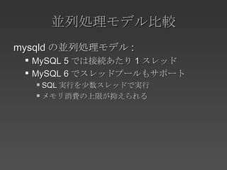 並列処理モデル比較 mysqld の並列処理モデル : MySQL 5 では接続あたり 1 スレッド MySQL 6 でスレッドプールもサポート SQL 実行を少数スレッドで実行 メモリ消費の上限が抑えられる 