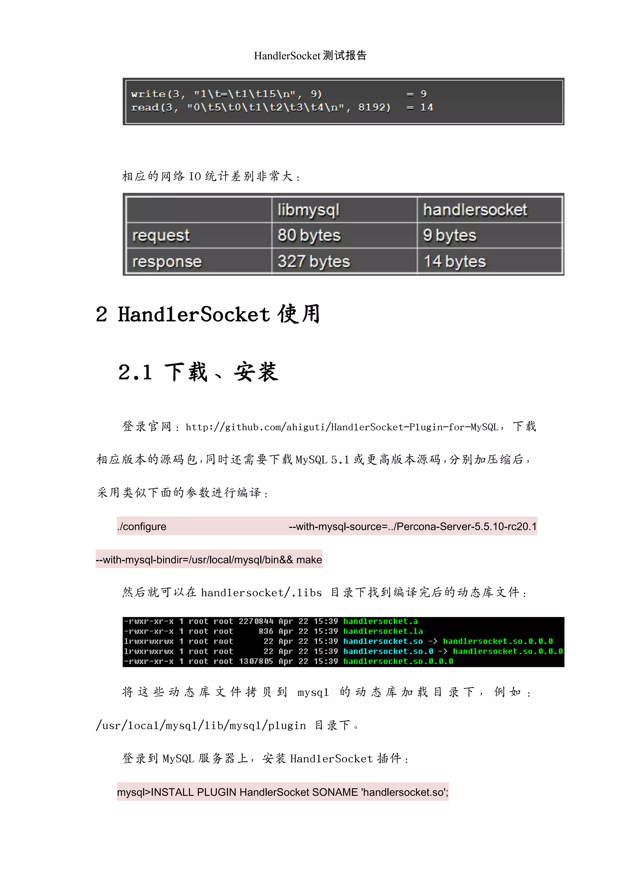 HandlerSocket 测试报告
相应的网络 IO 统计差别非常大：
2 HandlerSocket 使用
2.1 下载、安装
登录官网：http://github.com/ahiguti/HandlerSocket-Plugin-for-MySQL，下载
相应版本的源码包，同时还需要下载 MySQL 5.1 或更高版本源码，分别加压缩后，
采用类似下面的参数迚行编译：
./configure --with-mysql-source=../Percona-Server-5.5.10-rc20.1
--with-mysql-bindir=/usr/local/mysql/bin&& make
然后就可以在 handlersocket/.libs 目录下找到编译完后的动态库文件：
将 这 些 动 态 库 文 件 拷 贝 到 mysql 的 动 态 库 加 载 目 录 下 ， 例 如 ：
/usr/local/mysql/lib/mysql/plugin 目录下。
登录到 MySQL 服务器上，安装 HandlerSocket 插件：
mysql>INSTALL PLUGIN HandlerSocket SONAME 'handlersocket.so';
 
