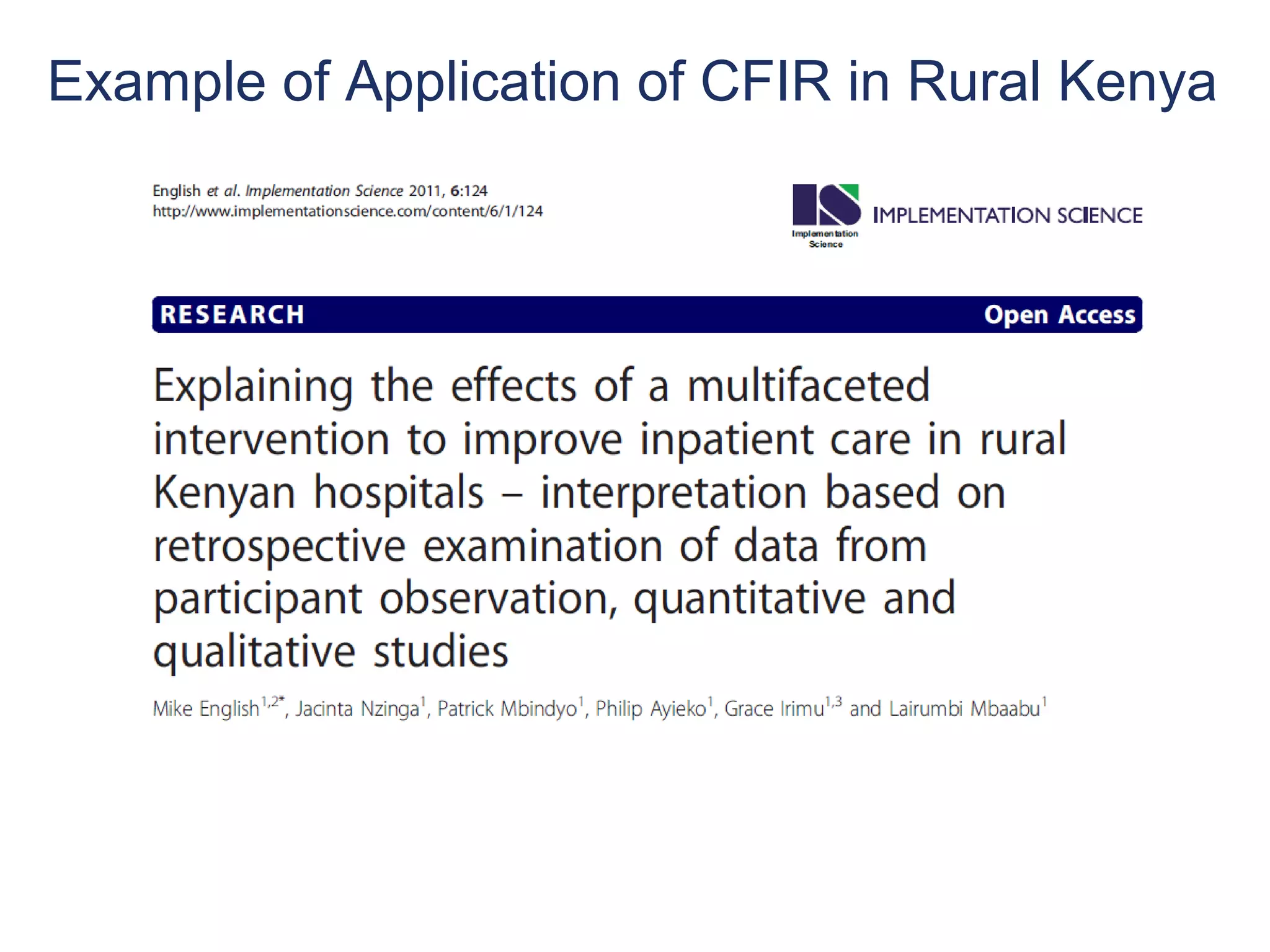 Example of Application of CFIR in Rural Kenya
 