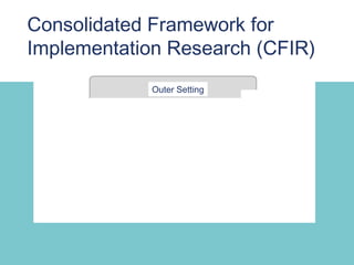 Consolidated Framework for
Implementation Research (CFIR)
            Outer Setting




             Inner Setting
 