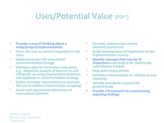 Uses/Potential Value [PDI*]

•   Provide a way of thinking about a              •   Describe relationships among
    study/project/implementation                       elements/constructs
•   Focus the user on what is important to the     •   Guide development of hypotheses to test
    issue                                              implementation science
•   Understand your EB-innovation/                 •   Identify concepts that may be of
    recommendation/change                              importance and need to be statistically
•   Develop a plan for formative evaluation;           controlled or tracked
    e.g., diagnostic analysis of barriers to and   •   Help with measurement
    influences on using targeted best practices    •   Facilitate interpretation re: influences and
    and applying an implementation strategy            meanings
•   Select and tailor interventions to promote     •   Identify boundaries around the
    the use of evidence [Intervention mapping]         project/study
•   Assist with operational definitions of         •   Provide a framework for summarizing,
    intervention element                               reporting findings




CIPRS: Stetler &
Damschroder Theoretical
Frameworks
 