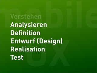 mobile
 Verstehen
 Analysieren
 Definition



 UX
 Entwurf (Design)
 Realisation
 Test
 