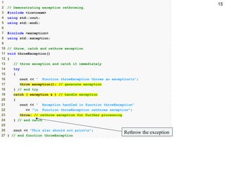 151
2 // Demonstrating exception rethrowing.
3 #include <iostream>
4 using std::cout;
5 using std::endl;
6
7 #include <exception>
8 using std::exception;
9
10 // throw, catch and rethrow exception
11 void throwException()
12 {
13 // throw exception and catch it immediately
14 try
15 {
16 cout << " Function throwException throws an exceptionn";
17 throw exception(); // generate exception
18 } // end try
19 catch ( exception & ) // handle exception
20 {
21 cout << " Exception handled in function throwException"
22 << "n Function throwException rethrows exception";
23 throw; // rethrow exception for further processing
24 } // end catch
25
26 cout << "This also should not printn";
27 } // end function throwException
Rethrow the exception
 