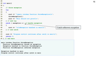 1628
29 int main()
30 {
31 // throw exception
32 try
33 {
34 cout << "nmain invokes function throwExceptionn";
35 throwException();
36 cout << "This should not printn";
37 } // end try
38 catch ( exception & ) // handle exception
39 {
40 cout << "nnException handled in mainn";
41 } // end catch
42
43 cout << "Program control continues after catch in mainn";
44 return 0;
45 } // end main
main invokes function throwException
Function throwException throws an exception
Exception handled in function throwException
Function throwException rethrows exception
Exception handled in main
Program control continues after catch in main
Catch rethrown exception
 