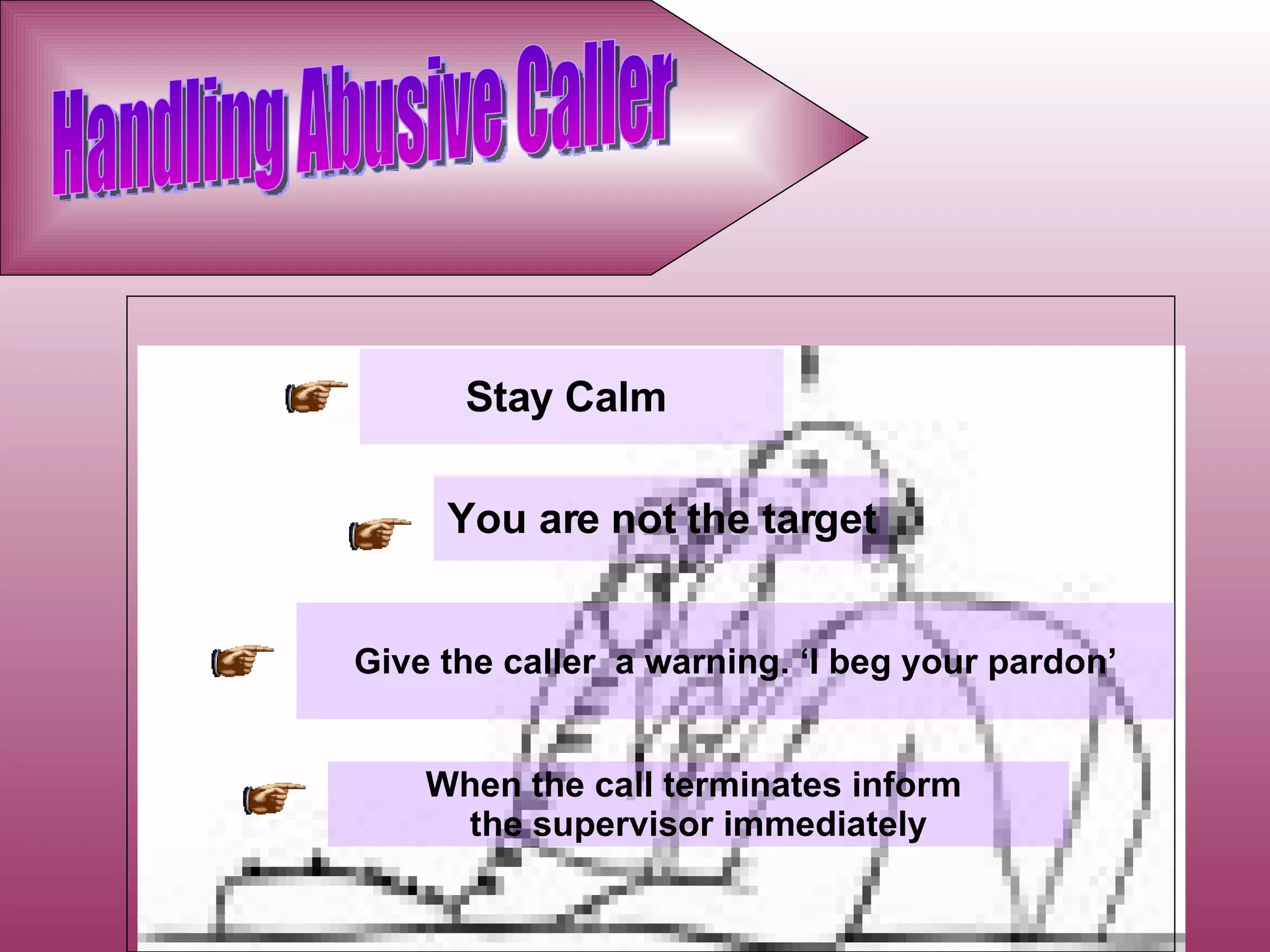 Stay   Calm  You are not the target Give the caller  a warning. ‘I beg your pardon’ When the call terminates inform  the supervisor immediately Handling Abusive Caller 