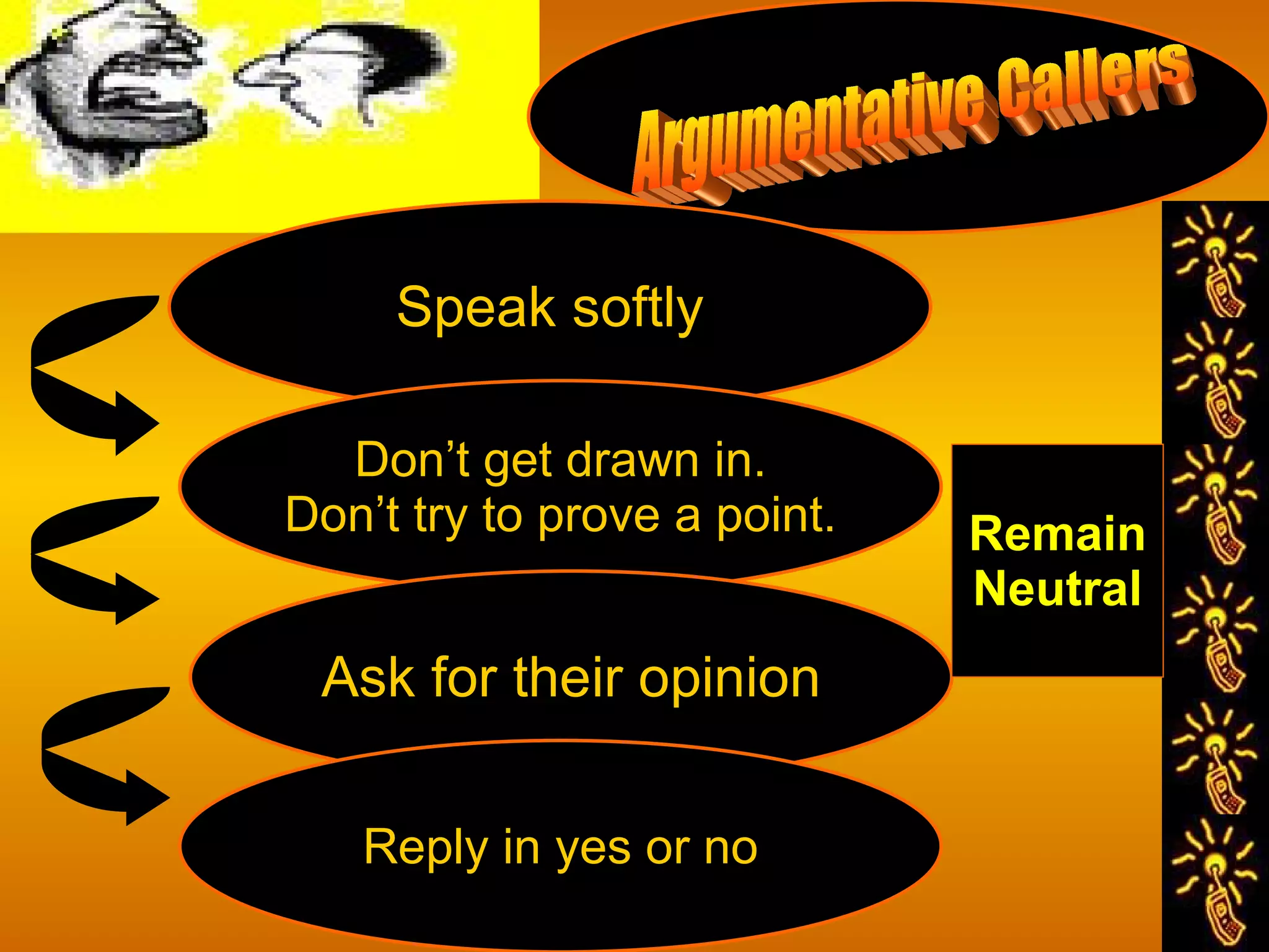 Argumentative Callers Speak softly Don’t get drawn in. Don’t try to prove a point. Ask for their opinion Reply in yes or no Remain Neutral 