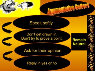 Argumentative Callers Speak softly Don’t get drawn in. Don’t try to prove a point. Ask for their opinion Reply in yes or n...