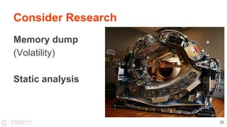 Consider Research
Memory dump
(Volatility)
Static analysis
26
 