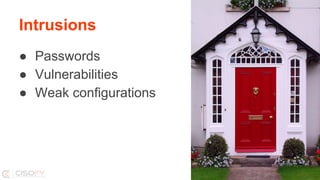Intrusions
● Passwords
● Vulnerabilities
● Weak configurations
5
 