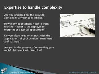 ReliabilityDo your customers depend upon your company’s reliability?  If you missed your mark today, will they still be OK?  Will they buy from you tomorrow?What are your up-time requirements?  Do you feel your support costs are in line with your up-time needs?Has anything changed recently?  Do you feel prepared?© Copyright SCT Alternative, Inc. 2010We keep your customers buying