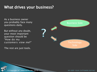 What drives your business?As a business owner you probably face many questions daily.  But without any doubt, your most important question should be “How do my customers view me?”The rest are just tools.Business Side?Technology Side© Copyright SCT Alternative, Inc. 2010We keep your customers buying