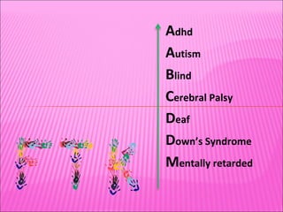 A dhd A utism B lind  C erebral Palsy D eaf D own’s Syndrome M entally retarded 